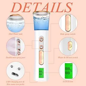 Nano Facial Mister, Double Nozzle Cool Mist Nano Facial Misting Device with Skin Analyzer, Portable USB Rechargeable Facial Sprayer for Eyelash Extensions, Face Moisturizing, Skin Care