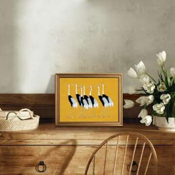 KBKBART Gold Framed Canvas Wall Art, Vintage Japanese Crane Poster with Seven Cranes Bird illustration Wall Art Prints Japanese Decor for Bedroom, Retro Asian Bird Art, Vintage Home Decor(8"x10")