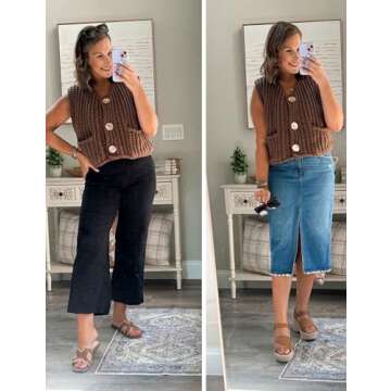 AICHARMWA Women's Sleeveless Knit Vest Button Down Casual Cropped Crochet Sweater Cardigan with Pock...