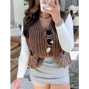 AICHARMWA Women's Sleeveless Knit Vest Button Down Casual Cropped Crochet Sweater Cardigan with Pockets(016-Brown-S)