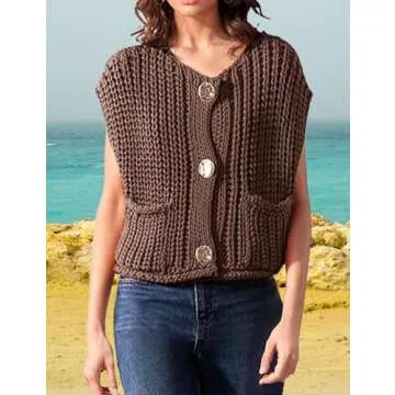 AICHARMWA Women's Sleeveless Knit Vest Button Down Casual Cropped Crochet Sweater Cardigan with Pockets(016-Brown-S)