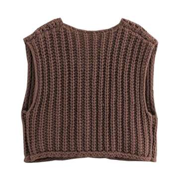 AICHARMWA Women's Sleeveless Knit Vest Button Down Casual Cropped Crochet Sweater Cardigan with Pockets(016-Brown-S)