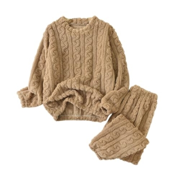 EWASWON Women's Cozy Cable Knit Pajama Set - Soft Fleece Winter Lounge Wear