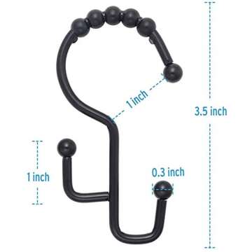 Shower Curtain Hooks with Double Different Heights Stainless Steel Rust-Resistant Easily-Glide Shower Rings for Bathroom Shower Rods Curtain Set of 12 Hooks (Black)