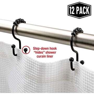 Shower Curtain Hooks with Double Different Heights Stainless Steel Rust-Resistant Easily-Glide Shower Rings for Bathroom Shower Rods Curtain Set of 12 Hooks (Black)