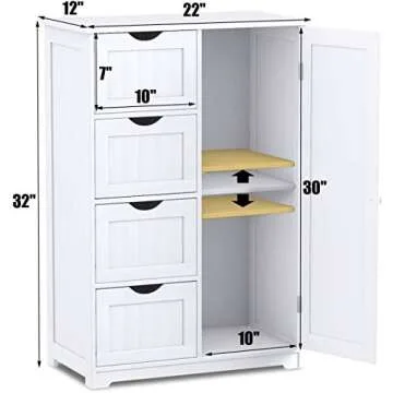 Giantex Storage Cabinet with 4 Drawers, Bathroom Storage Organizer with Cupboard, Adjustable Shelf, Anti-Toppling Device, Floor Cabinet, Entryway Storage Unit Console Table, White