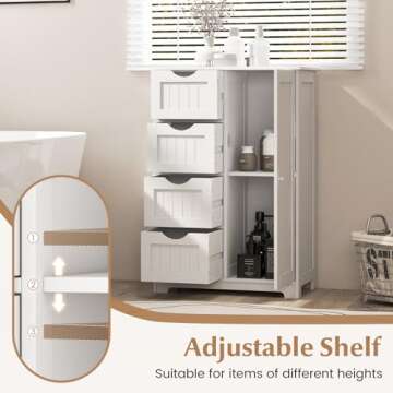 Giantex Storage Cabinet with 4 Drawers, Bathroom Storage Organizer with Cupboard, Adjustable Shelf, Anti-Toppling Device, Floor Cabinet, Entryway Storage Unit Console Table, White