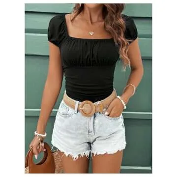 SweatyRocks Women's Ruched Square Neck T Shirt Cap Short Sleeve Slim Fitted Casual Tee Tops