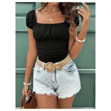 SweatyRocks Women's Ruched Square Neck T Shirt Cap Short Sleeve Slim Fitted Casual Tee Tops