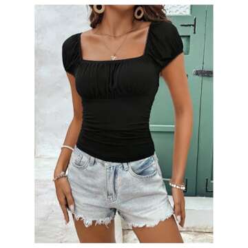 SweatyRocks Women's Ruched Square Neck T Shirt Cap Short Sleeve Slim Fitted Casual Tee Tops