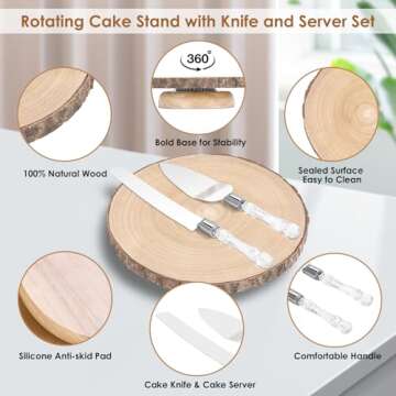 Cake Stand Rotating 12Inch Wood Cake Stand with Knife and Server Set Rustic Cake Stands for Wedding/...