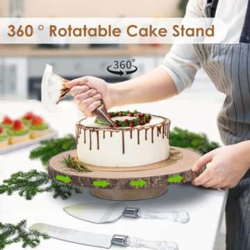 Cake Stand Rotating 12Inch Wood Cake Stand with Knife and Server Set Rustic Cake Stands for Wedding/Cake Decorating/Party/Baby Showers/Reception/Decor