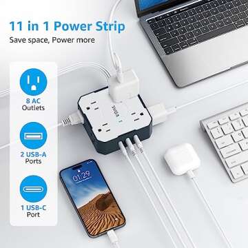 Flat Plug Power Strip, WEIMIL 5Ft Ultra Thin Flat Extension Cord, 8 Widely Outlets, 3 USB Ports(1 US...
