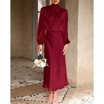 BTFBM Women's Mock Neck Satin Dress Elegant Long Sleeve Elastic High Waist Formal Wedding Cocktail P...