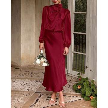 BTFBM Women's Mock Neck Satin Dress Elegant Long Sleeve Elastic High Waist Formal Wedding Cocktail Party Maxi Dresses(Solid Deep Red, Small)