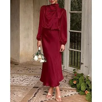 BTFBM Women's Mock Neck Satin Dress Elegant Long Sleeve Elastic High Waist Formal Wedding Cocktail Party Maxi Dresses(Solid Deep Red, Small)