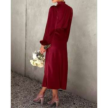 BTFBM Women's Mock Neck Satin Dress Elegant Long Sleeve Elastic High Waist Formal Wedding Cocktail Party Maxi Dresses(Solid Deep Red, Small)