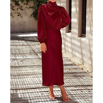 BTFBM Women's Mock Neck Satin Dress Elegant Long Sleeve Elastic High Waist Formal Wedding Cocktail Party Maxi Dresses(Solid Deep Red, Small)