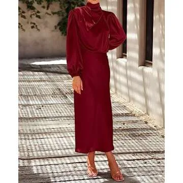 BTFBM Women's Mock Neck Satin Dress Elegant Long Sleeve Elastic High Waist Formal Wedding Cocktail Party Maxi Dresses(Solid Deep Red, Small)