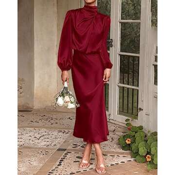 BTFBM Women's Mock Neck Satin Dress Elegant Long Sleeve Elastic High Waist Formal Wedding Cocktail Party Maxi Dresses(Solid Deep Red, Small)