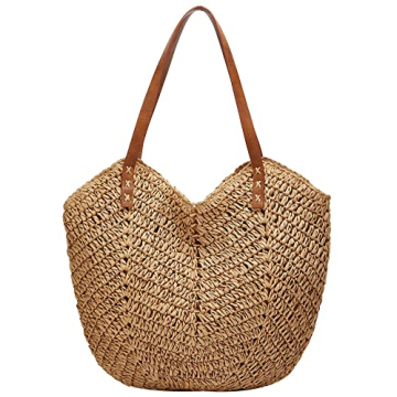 Summer Casual Straw Tote Bag Large Capacity Woven Shoulder Handbag for Summer Beach Vocation (A-Khaki)