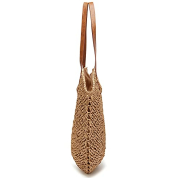 Summer Casual Straw Tote Bag Large Capacity Woven Shoulder Handbag for Summer Beach Vocation (A-Khaki)