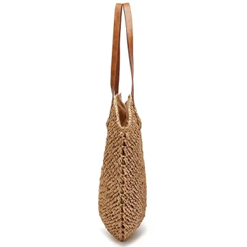 Summer Casual Straw Tote Bag Large Capacity Woven Shoulder Handbag for Summer Beach Vocation (A-Khaki)