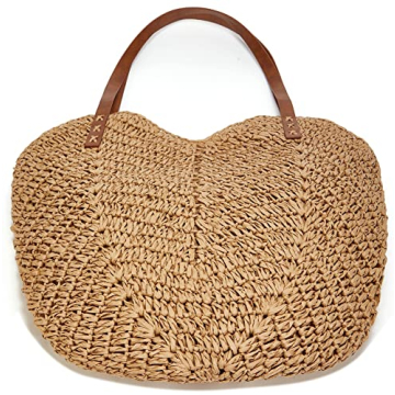 Summer Casual Straw Tote Bag Large Capacity Woven Shoulder Handbag for Summer Beach Vocation (A-Khaki)