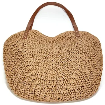 Summer Casual Straw Tote Bag Large Capacity Woven Shoulder Handbag for Summer Beach Vocation (A-Khaki)