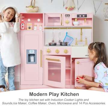 inFUNSAME Kids Play Kitchen for Chef Pretend Kitchen Playset with Real Lights and Sounds and 14 Pcs ...