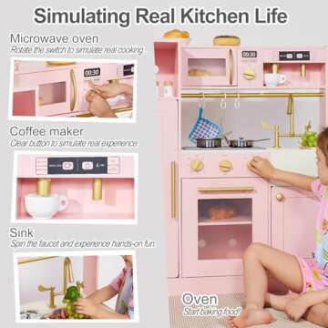 inFUNSAME Kids Play Kitchen for Chef Pretend Kitchen Playset with Real Lights and Sounds and 14 Pcs Toy Kitchen Accessories, Wooden Toddler Pink Play Kitchen Set for Girls Ages 3+