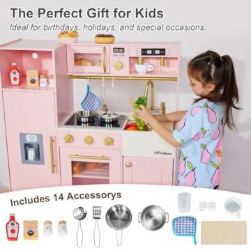 inFUNSAME Kids Play Kitchen for Chef Pretend Kitchen Playset with Real Lights and Sounds and 14 Pcs Toy Kitchen Accessories, Wooden Toddler Pink Play Kitchen Set for Girls Ages 3+