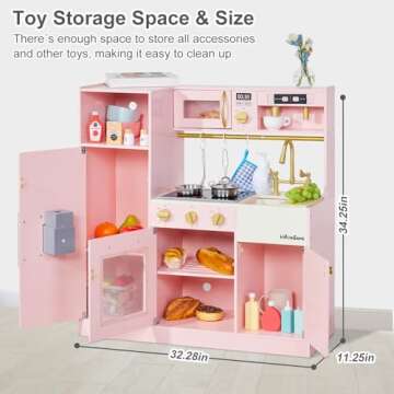 inFUNSAME Kids Play Kitchen for Chef Pretend Kitchen Playset with Real Lights and Sounds and 14 Pcs Toy Kitchen Accessories, Wooden Toddler Pink Play Kitchen Set for Girls Ages 3+