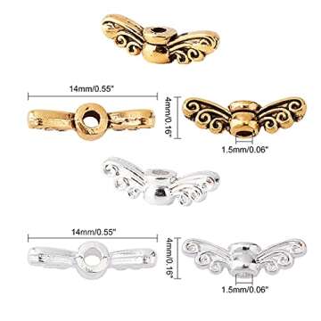 PH PandaHall 200pcs Angel Wing Beads Silver Golden Tibetan Alloy Beads Fairy Wing Spacer Beads for C...