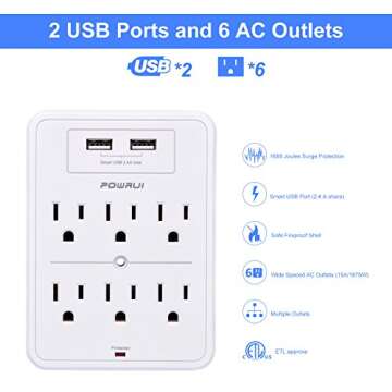 POWRUI Surge Protector, USB Wall Charger with 2 USB Charging Ports(Smart 2.4A Total), 6-Outlet Exten...