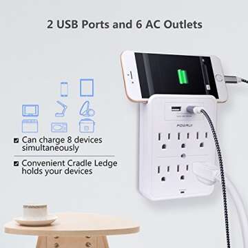 POWRUI Surge Protector, USB Wall Charger with 2 USB Charging Ports(Smart 2.4A Total), 6-Outlet Extender and Top Phone Holder for Your Cell Phone, White, ETL Listed