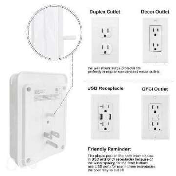 POWRUI Surge Protector, USB Wall Charger with 2 USB Charging Ports(Smart 2.4A Total), 6-Outlet Extender and Top Phone Holder for Your Cell Phone, White, ETL Listed
