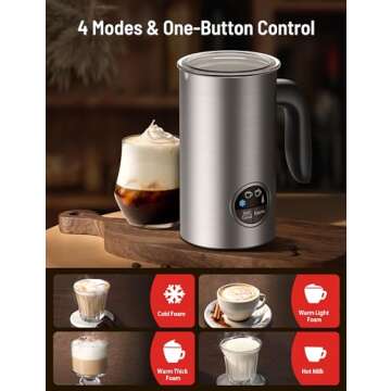 Milk Frother, Airyoyo 4-in-1 Milk Frother with Stand, Electric Milk Frother and Steamer Hot& Cold Foam Temperature Control, Auto Shut-Off Frother for Coffee Latte