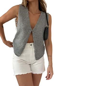 Fernvia Women Y2k Crochet Vest Top - Vintage Solid Color V Neck Sleeveless Crop Top