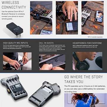 Zoom PodTrak P4 Portable Multitrack Podcast Recorder + Q2U Dynamic Mic Recording & Podcasting Pack + 64GB Memory Card + Stereo Headphones + 4 AA Batteries & White Charger - Podcasting Recording Bundle