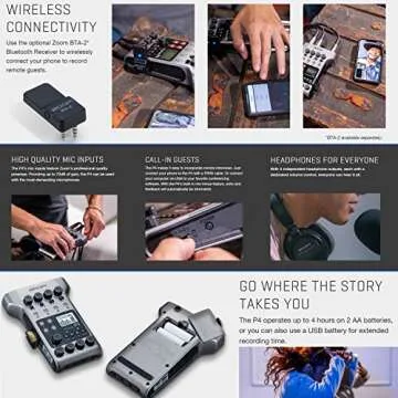 Zoom PodTrak P4 Portable Multitrack Podcast Recorder + Q2U Dynamic Mic Recording & Podcasting Pack + 64GB Memory Card + Stereo Headphones + 4 AA Batteries & White Charger - Podcasting Recording Bundle