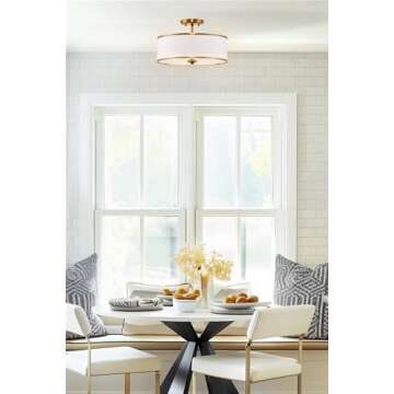 Kira Home Chloe 15" Retro Modern 3-Light Semi-Flush Mount Ceiling Light + White Drum Shade, LED Compatible, Round Tempered Glass Diffuser, Warm Brass Trim Finish