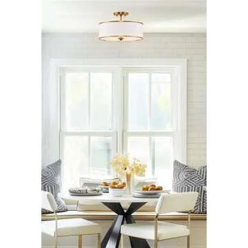 Kira Home Chloe 15" Retro Modern 3-Light Semi-Flush Mount Ceiling Light + White Drum Shade, LED Compatible, Round Tempered Glass Diffuser, Warm Brass Trim Finish