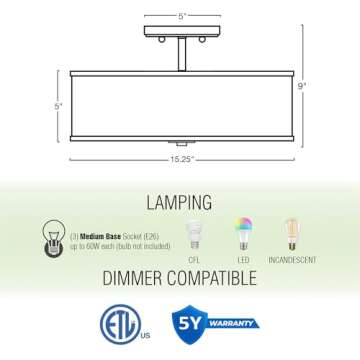 Kira Home Chloe 15" Retro Modern 3-Light Semi-Flush Mount Ceiling Light + White Drum Shade, LED Compatible, Round Tempered Glass Diffuser, Warm Brass Trim Finish