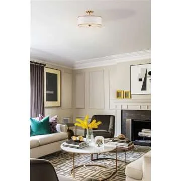 Kira Home Chloe 15" Retro Modern 3-Light Semi-Flush Mount Ceiling Light + White Drum Shade, LED Compatible, Round Tempered Glass Diffuser, Warm Brass Trim Finish