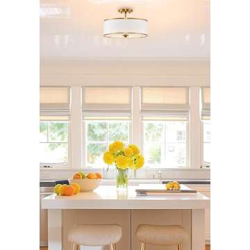 Kira Home Chloe 15" Retro Modern 3-Light Semi-Flush Mount Ceiling Light + White Drum Shade, LED Compatible, Round Tempered Glass Diffuser, Warm Brass Trim Finish