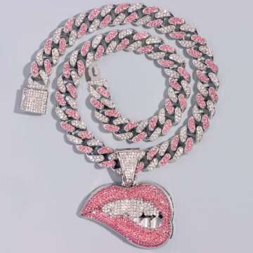 Iced Out Chain for Women Men, Cuban Link Chain, Hip Hop Pink Bite Lip Shape Pendant Necklace for Wom...