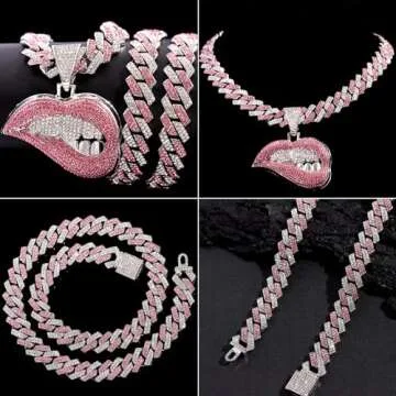 Iced Out Chain for Women Men, Cuban Link Chain, Hip Hop Pink Bite Lip Shape Pendant Necklace for Women with Bling Iced Out Silver Color Cuban Link Chain HipHop Necklace Jewelry (Silver Pink, 24 Inches)