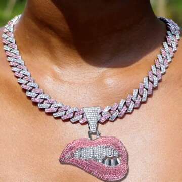 Iced Out Chain for Women Men, Cuban Link Chain, Hip Hop Pink Bite Lip Shape Pendant Necklace for Women with Bling Iced Out Silver Color Cuban Link Chain HipHop Necklace Jewelry (Silver Pink, 24 Inches)
