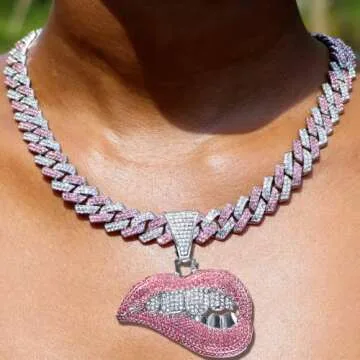 Iced Out Chain for Women Men, Cuban Link Chain, Hip Hop Pink Bite Lip Shape Pendant Necklace for Women with Bling Iced Out Silver Color Cuban Link Chain HipHop Necklace Jewelry (Silver Pink, 24 Inches)